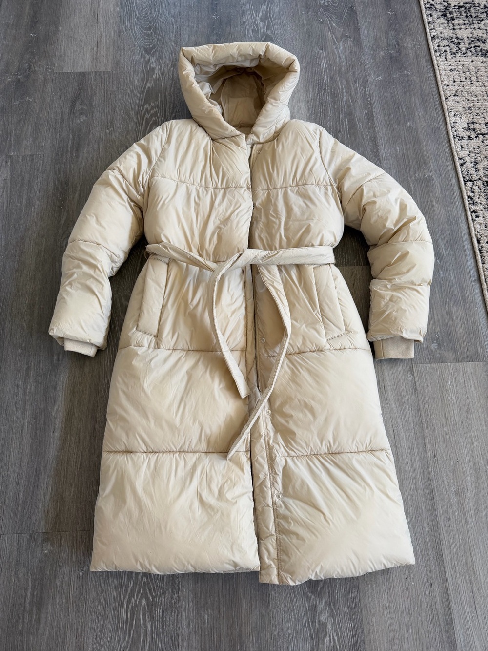 Abercrombie & Fitch AirCloud Cream Long Puffer Coat with Hood & Belt
